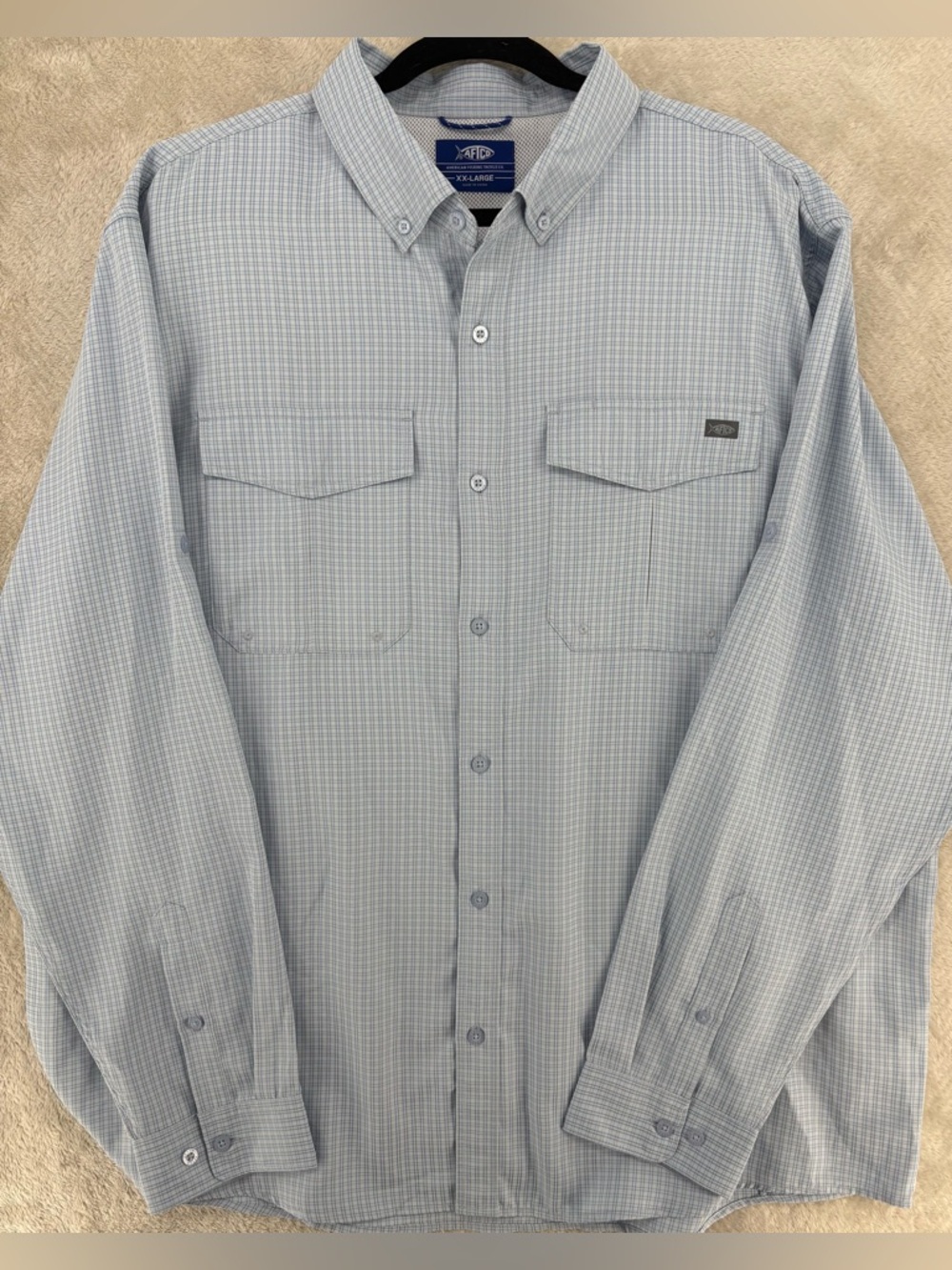 AFTCO Men's Fishing Shirt XXL Blue Check Long Sleeve Performance Vented Outdoor